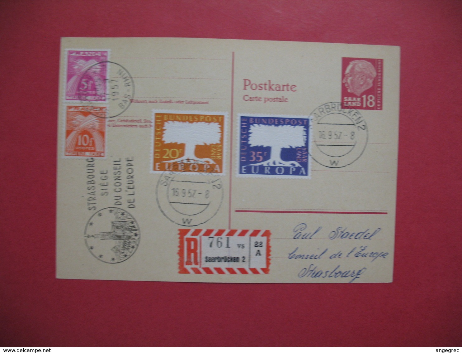 Sarre 1957  Entier Postal Postkarte  Réponse - Strasbourg Conseil De L'Europe Et Taxe Gerbes - Interi Postali