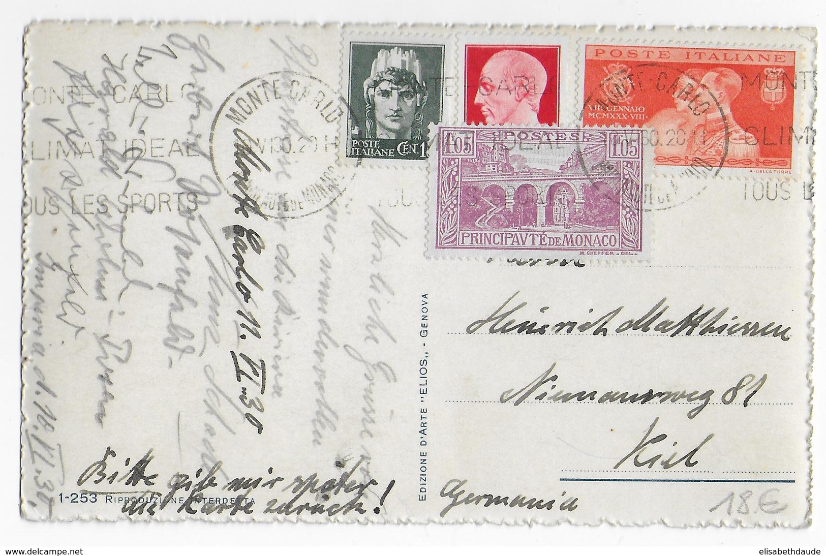 MONACO / ITALIE - 1930 - CARTE De GENOVA AVEC TIMBRES ITALIENS EXPEDIEE De MONTE CARLO Avec AJOUT De TIMBRE => KIEL - Brieven En Documenten