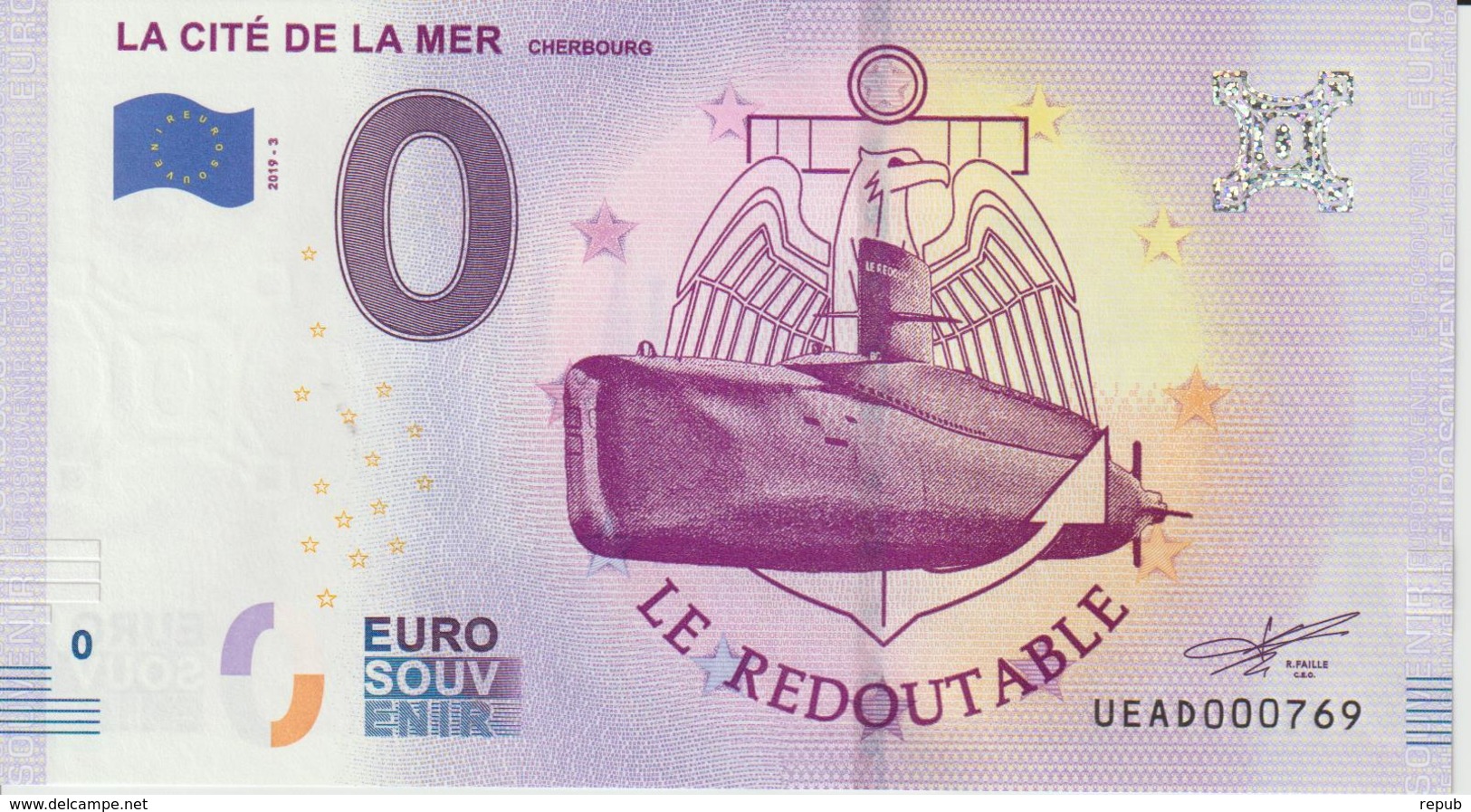 Billet Touristique 0 Euro Souvenir France 50 Cherbourg Cité De La Mer 2019-3 N°UEAD000769 - Essais Privés / Non-officiels