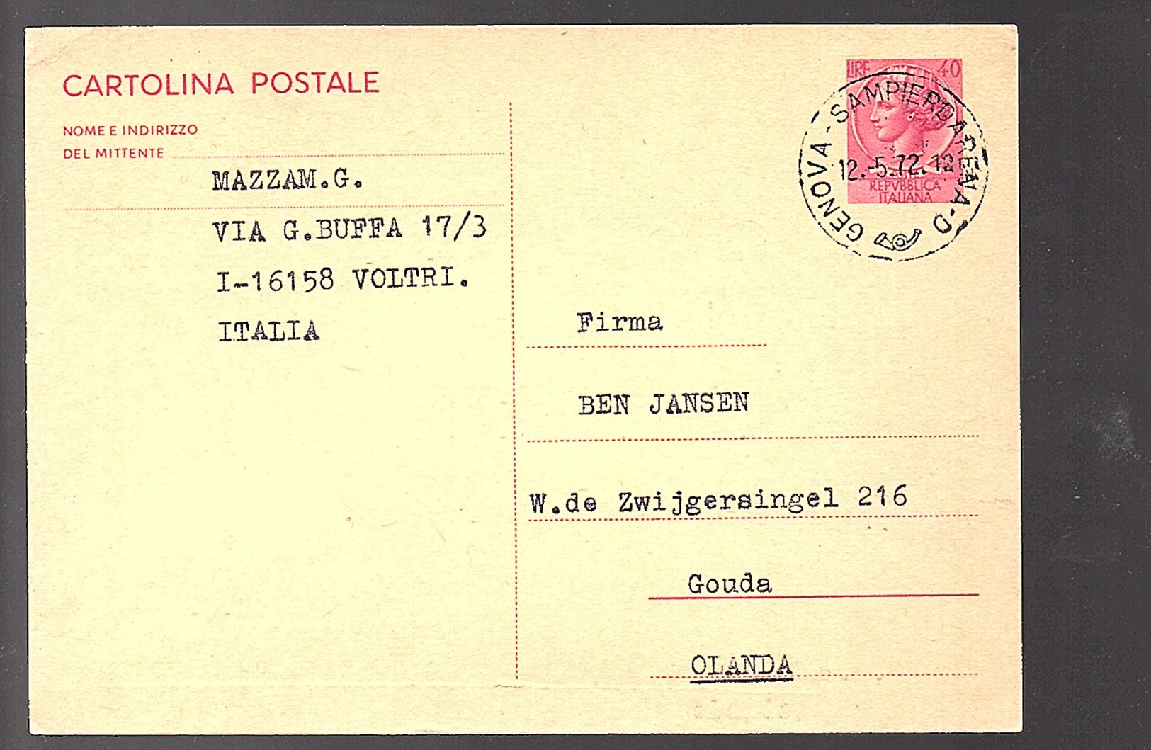 1972 Genova-Sampierdarena To Gouda (219) - Postwaardestukken