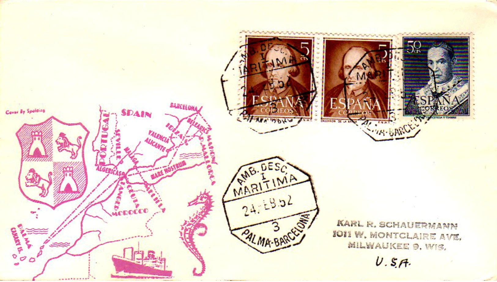 5c Calderon De La Barca (2) And 50c Saint Anthony Mary Claret 1952 Amb. Desc. I Maritima, 3 Palma - Barcelona To M... - Storia Postale