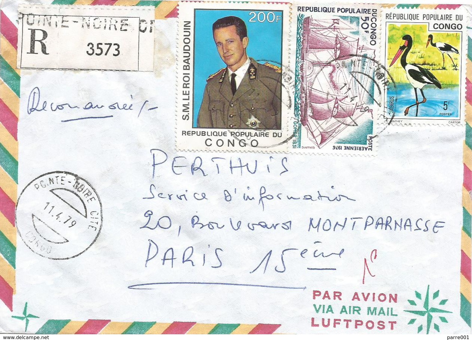 Congo 1979 Pointe Noire Cite King Baudouin Boudewijn Ship Black Cigogne Registered Cover - Afgestempeld