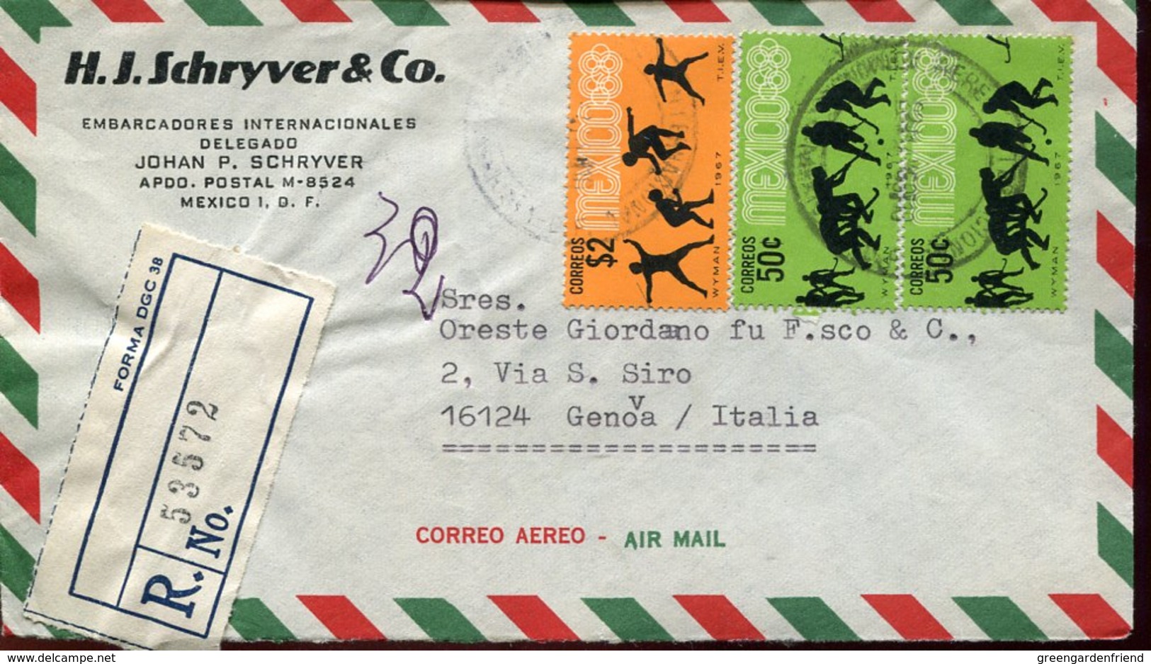 44695 Mexico, Circuled Registered Cover 1968   To Italy (sport Stamps  Olympiade Mexico Fencing + Field Hockey - Mexico