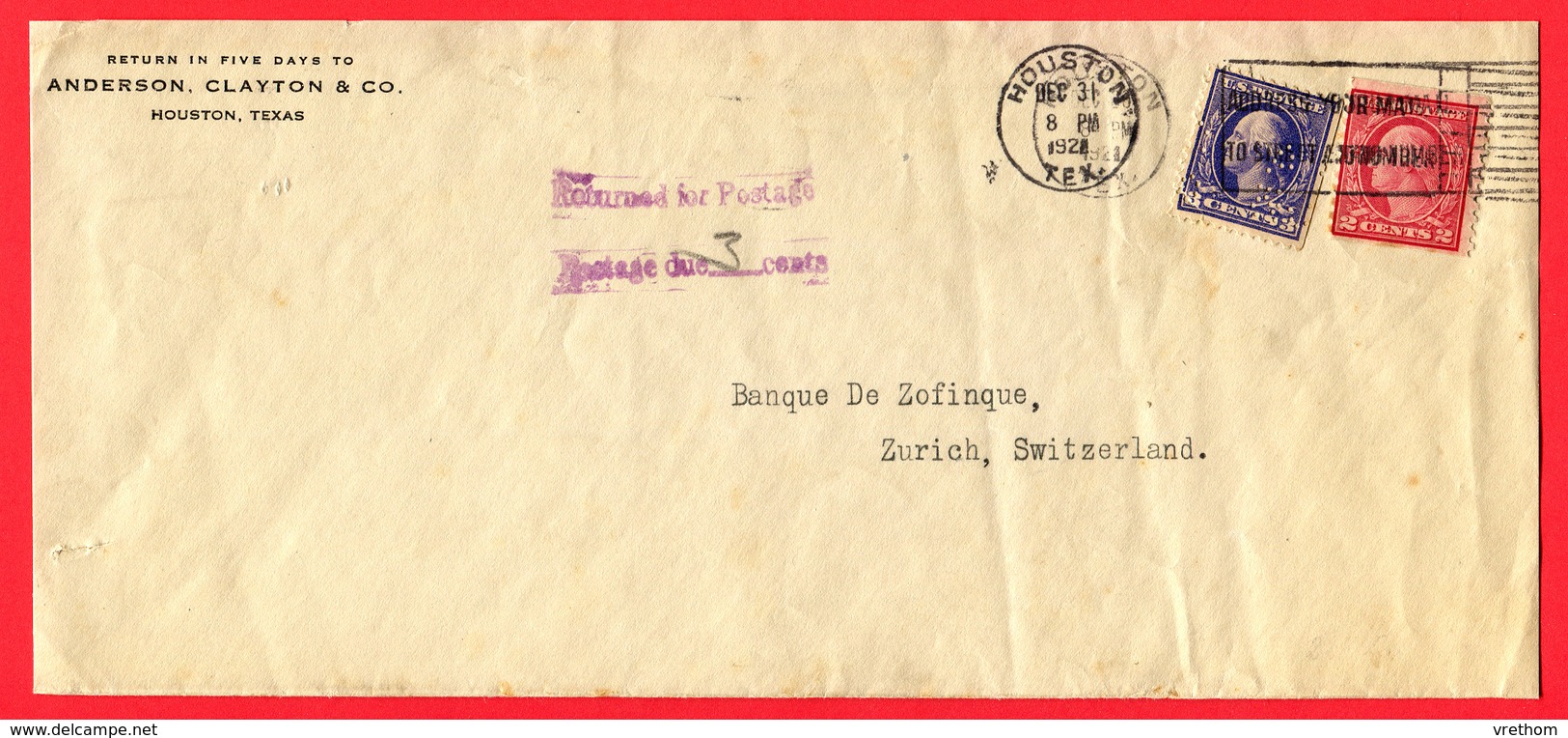 USA, 1921, Houston TX,  Zürich - Lettres & Documents