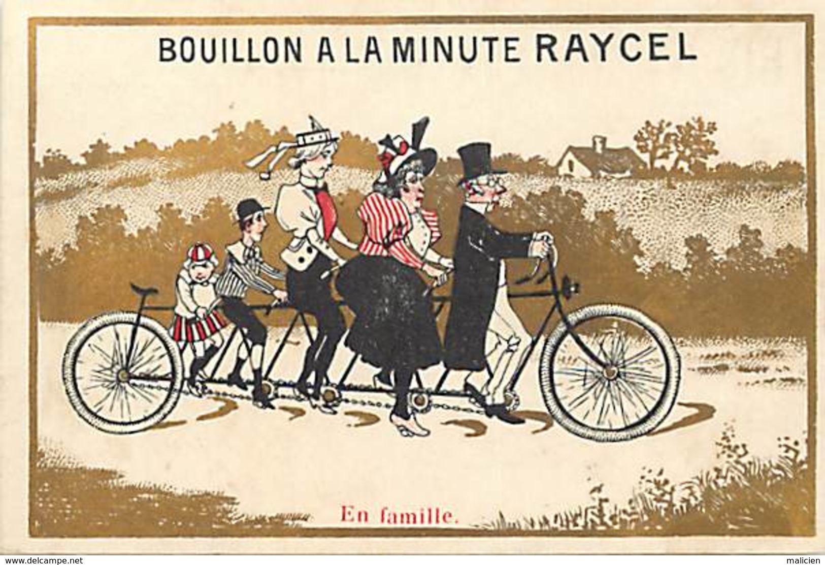 - Chromos -ref-ch723- Bouillon A La Minute Raycel - Bordeaux 1895 - En Famille - Tandem Rallongé - Velo - Dorures - - Other & Unclassified