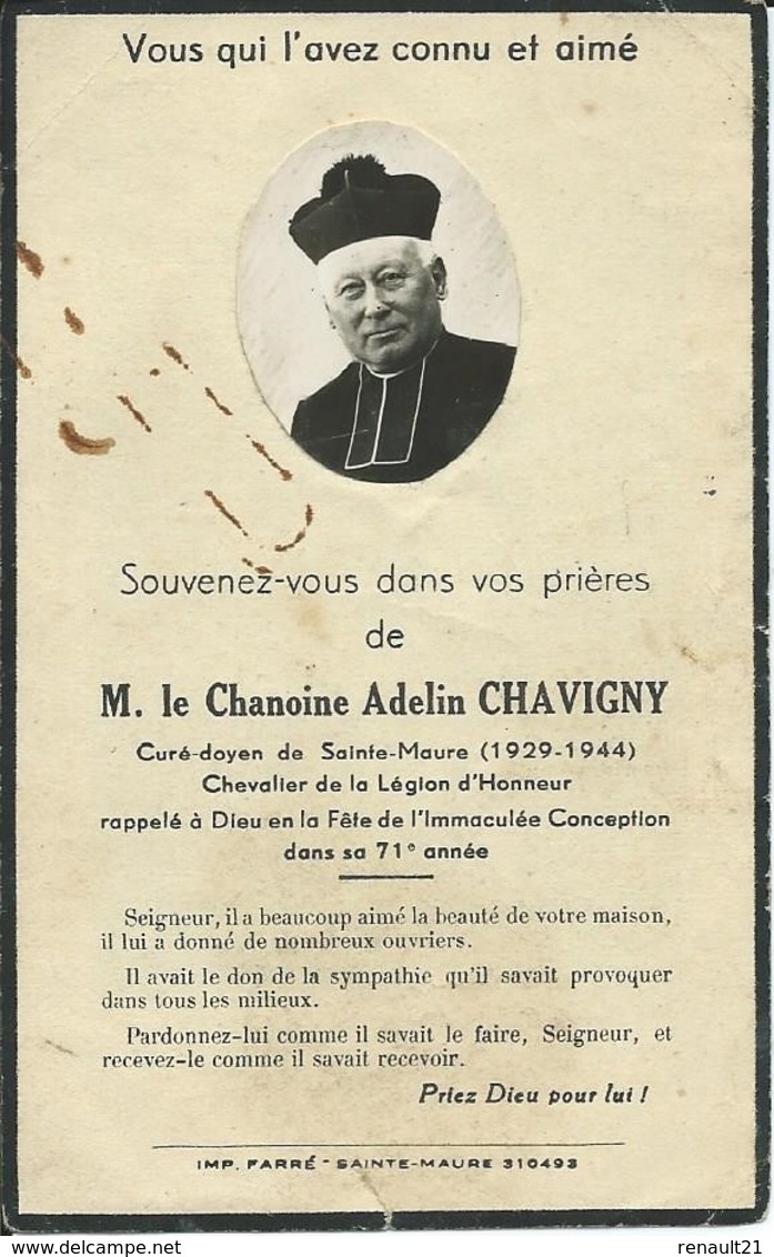 Sainte-Maure-de-Touraine-Avis De Décès De M.le Chanoine Adelin Chavigny (Cornée Sur 3 Angles,légère Coupure Bas Centre) - Décès