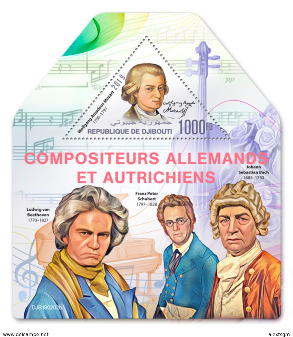 DJIBOUTI 2019 - W.A. Mozart, L. Van Beethoven, F. Schubert, J.S. Bach S/S. Official Issue - Musica