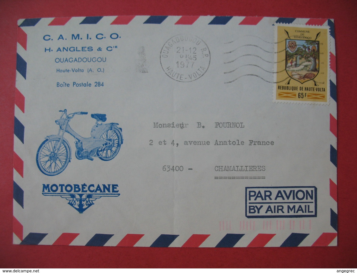 Enveloppe  Motobécane  1977 Camico H. Angles & Cie  Ouagadougou Haute Volta Pour La France - Motos