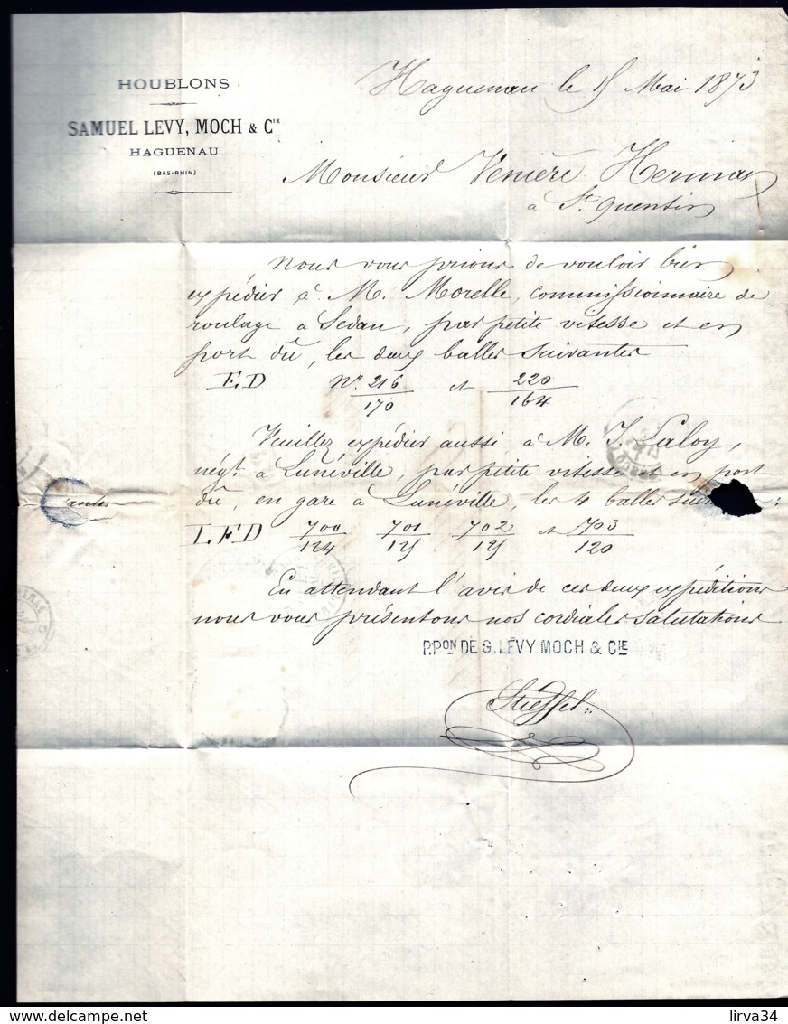 LETTRE ALSACE-LORRAINE OCCUPATION- HAGUENAU POUR ST-QUENTIN TIMBRES EMPIRE N° 16 ET 17- TAMPON BLEU + PD- 3 SCANS + INFO - Lettres & Documents