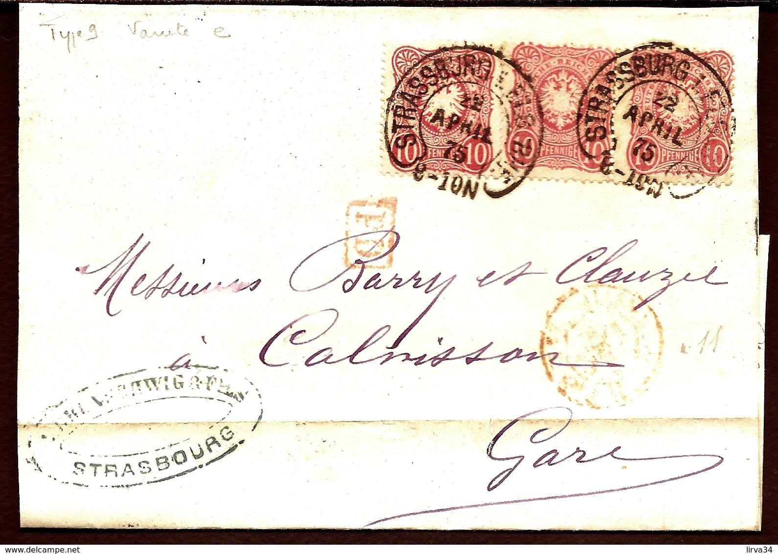 LETTRE ALSACE-LORRAINE OCCUPATION- STRASBOURG POUR CALVISSON- 3 EMPIRE N°32- CAD FER A CHEVAL TYPE 9 1875- 3 SCANS - Covers & Documents