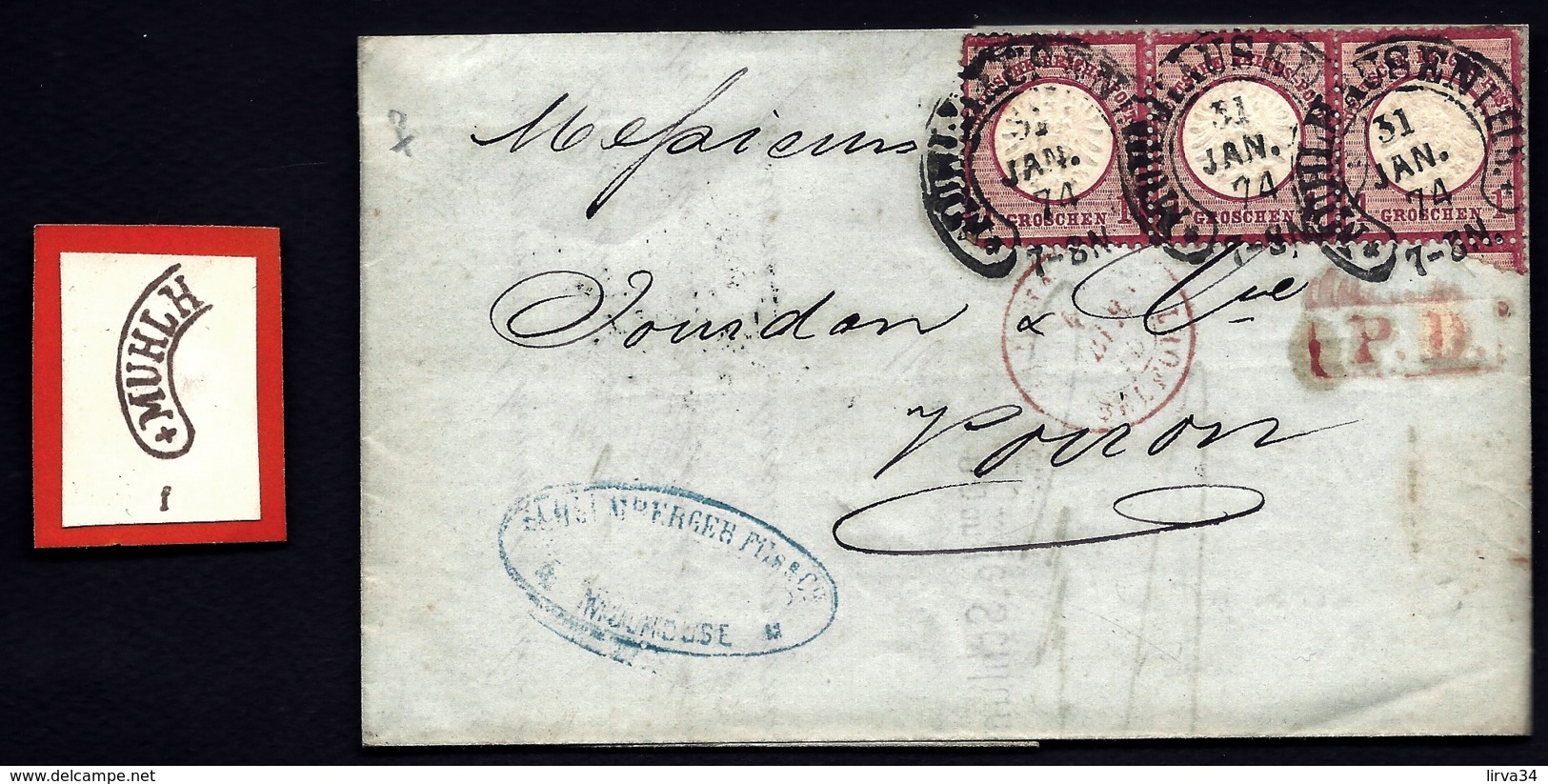 LETTRE ALSACE-LORRAINE OCCUPATION- MULHAUSEN POUR VOIRON- BANDE 3 N° 16 CAD FER A CHEVAL TYPE 9- 1874- 3 SCANS + INFO - Storia Postale