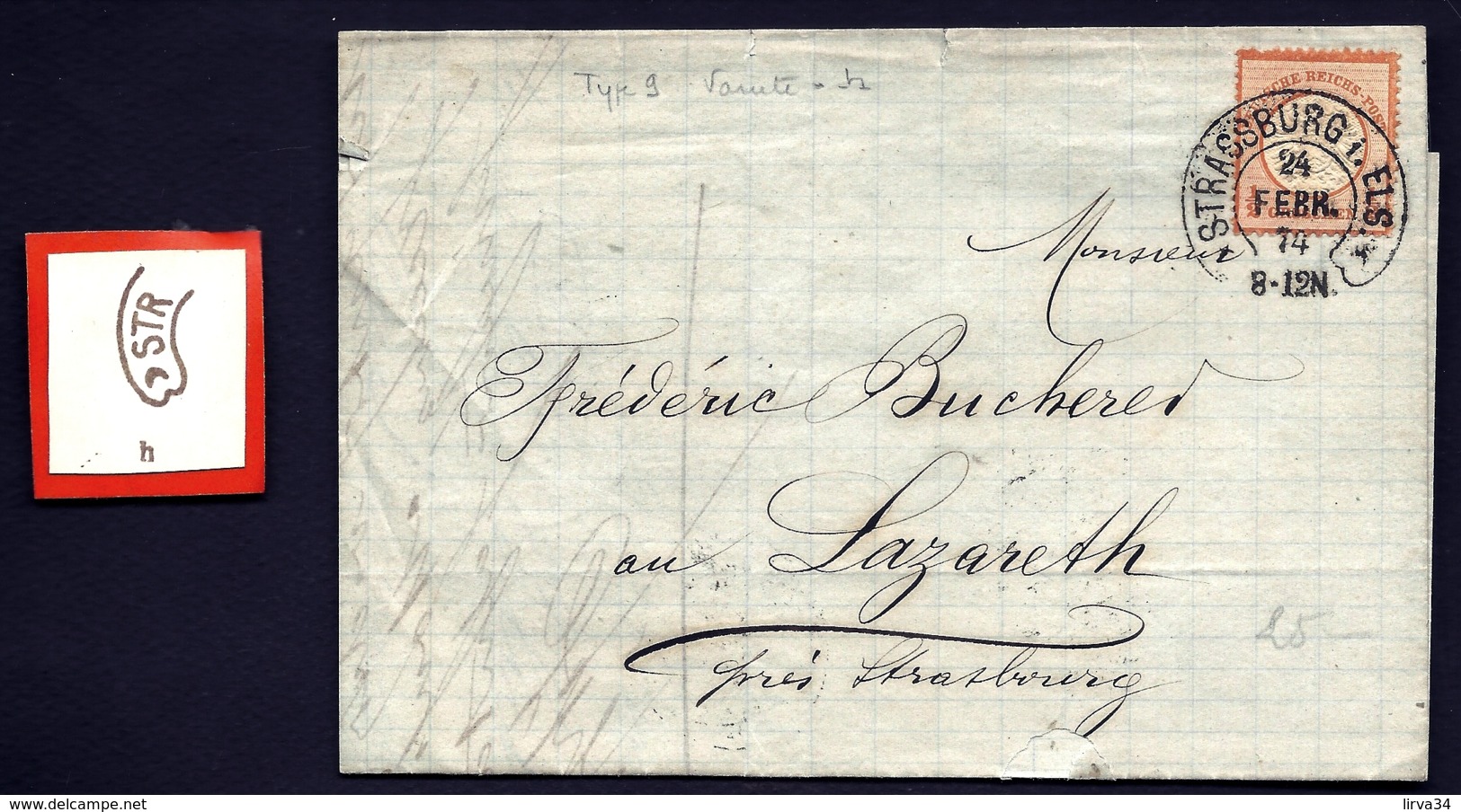 LETTRE ALSACE-LORRAINE OCCUPATION- STRASBOURG POUR LAZARETH- TIMBRE SEUL 1/2 G N° 15- FER A CHEVAL TYPE 9- 1874- 3 SCANS - Lettres & Documents