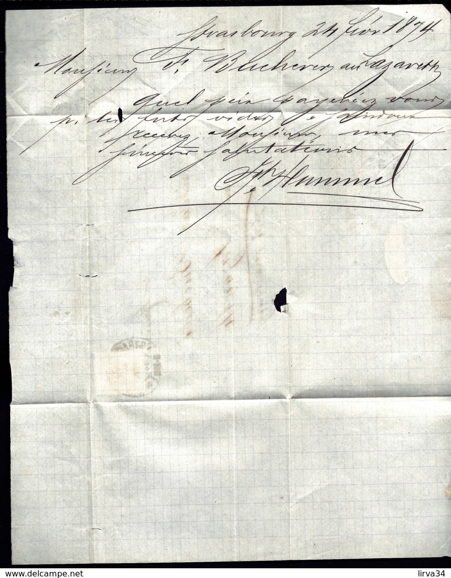 LETTRE ALSACE-LORRAINE OCCUPATION- STRASBOURG POUR LAZARETH- TIMBRE SEUL 1/2 G N° 15- FER A CHEVAL TYPE 9- 1874- 3 SCANS - Covers & Documents