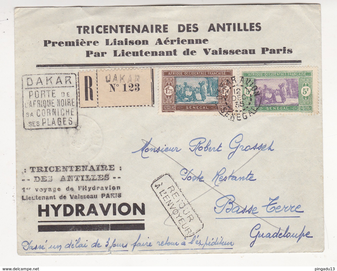 Tricentenaire Antilles Première Liaison Aérienne Lieutenant De Vaisseau Paris Hydravion Dakar Avion Basse Terre - Lettres & Documents