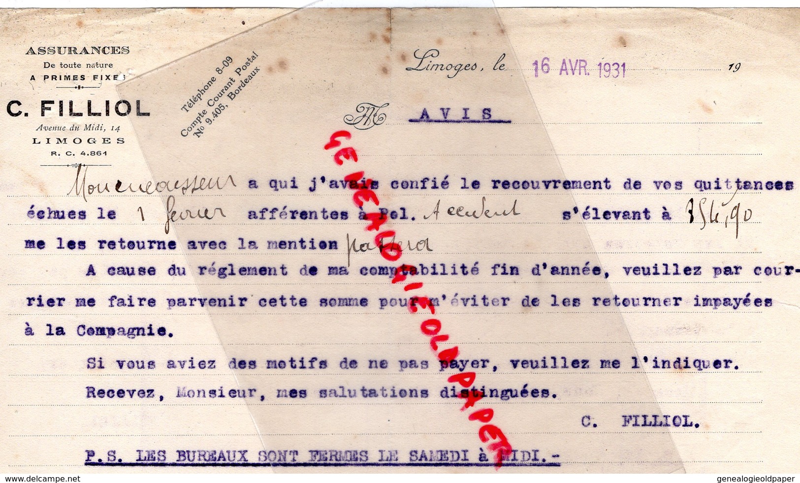 87 - LIMOGES- RARE LETTRE C. FILLIOL- ASSURANCES -14 AVENUE DU MIDI- 1931 - Bank En Verzekering