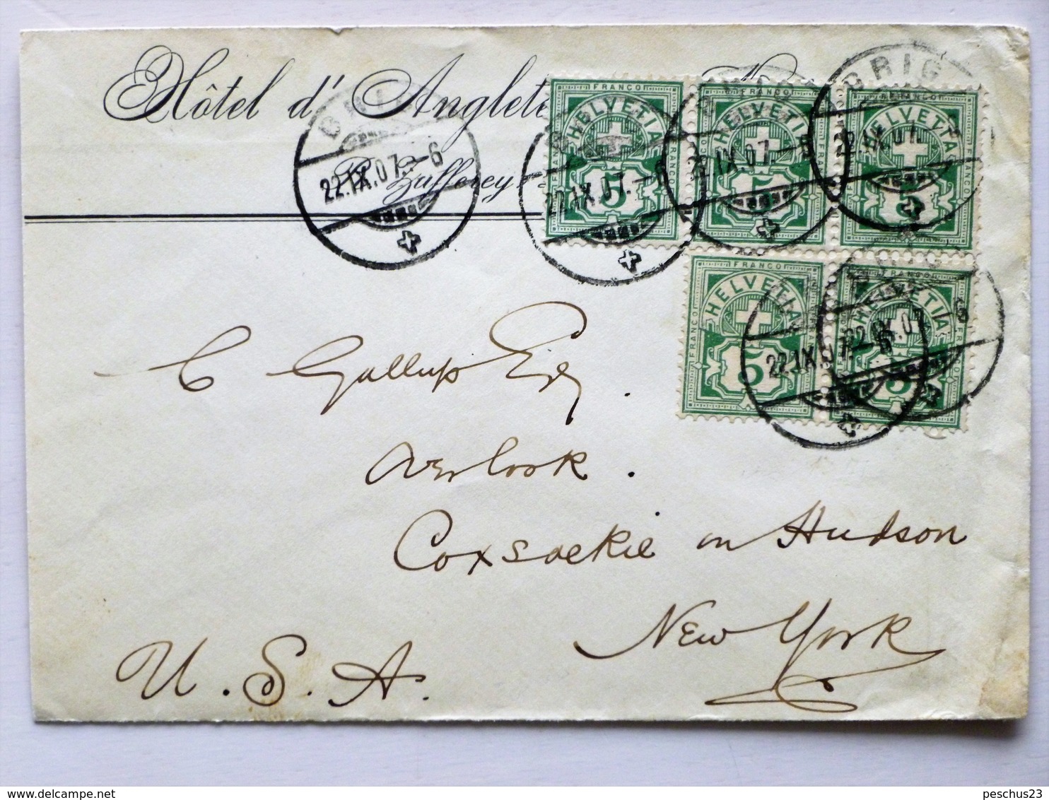 SCHWEIZ / SWITZERLAND / SUISSE => USA // 1907, Hotel - Brief, BRIG 22.IX.07 => NEW YORK, 5x 5Rp. Ziffermarke - Lettres & Documents