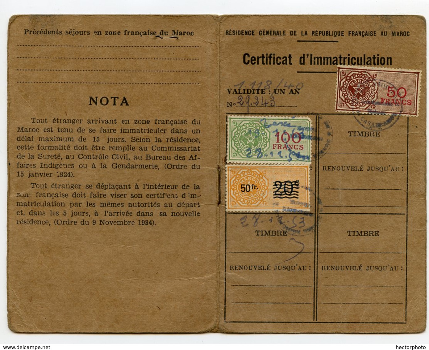 Photo Identité Photomaton Femme MAROC Carte Certificat D'immatriculation Casablanca 1950 Timbre 100 Francs - Non Classés