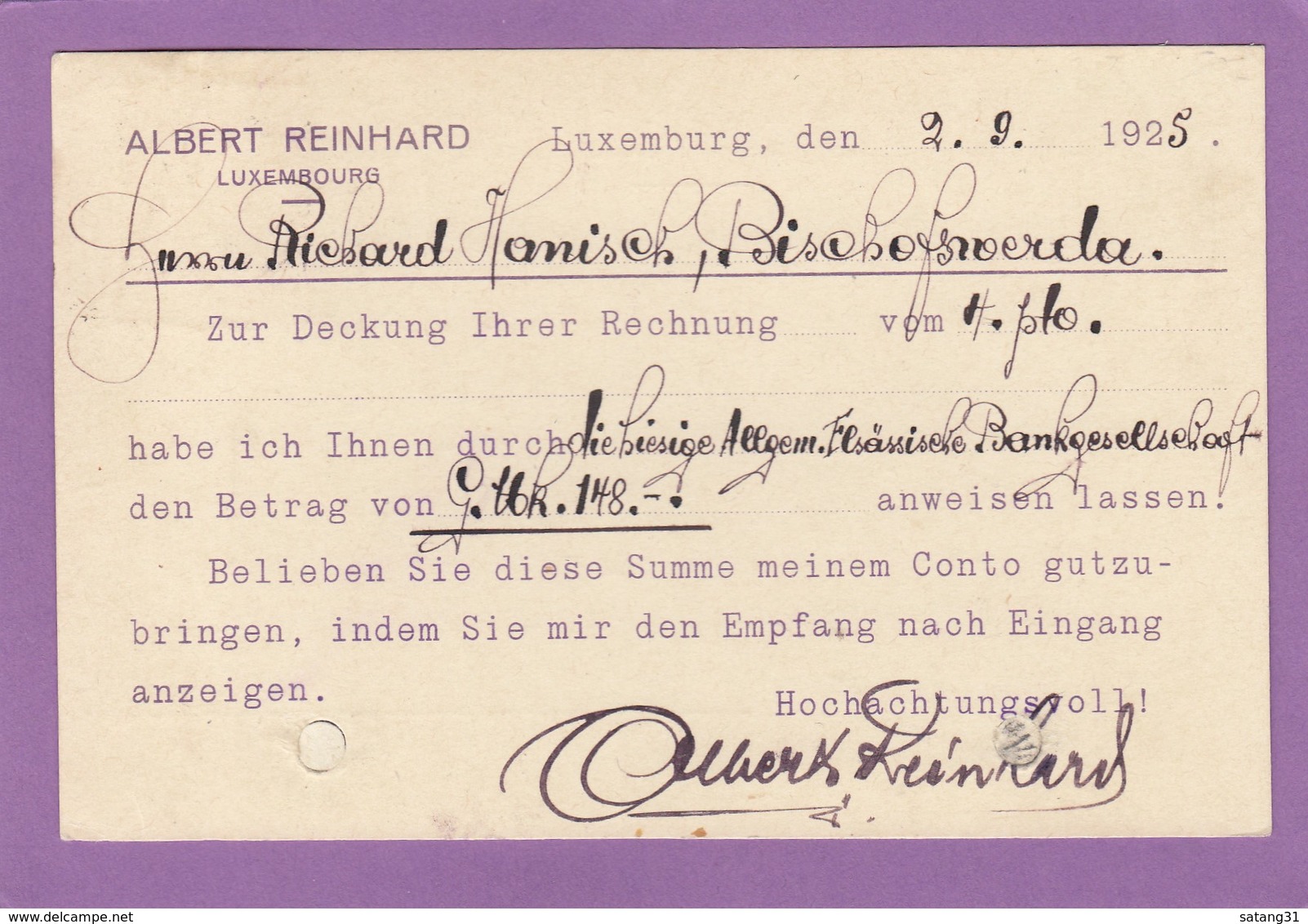 MANUFACTURE DE GANTS/HANDSCHUHNÄHEREI,ALBERT REINHARD.POSTKARTE NACH BISCHOFSWERDA. - Briefe U. Dokumente