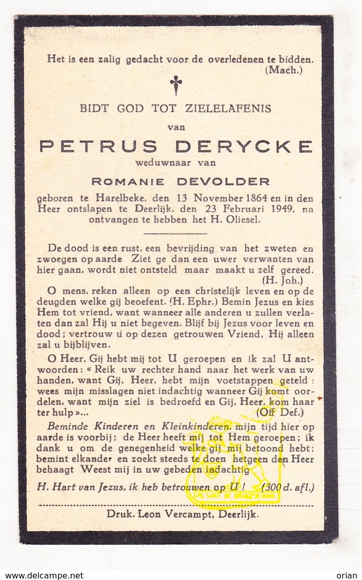 DP Petrus DeRycke ° Harelbeke 1864 † Deerlijk 1949 X Romanie DeVolder - Images Religieuses