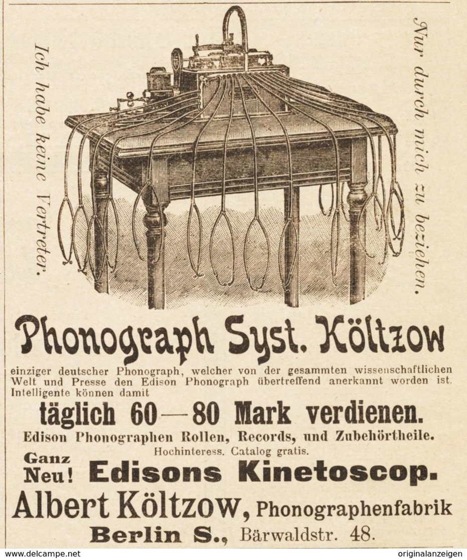 Original-Werbung/ Anzeige 1895 - PHONOGRAPH SYSTEM KÖLTZOW - BERLIN - Ca. 90 X 110 Mm - Reclame