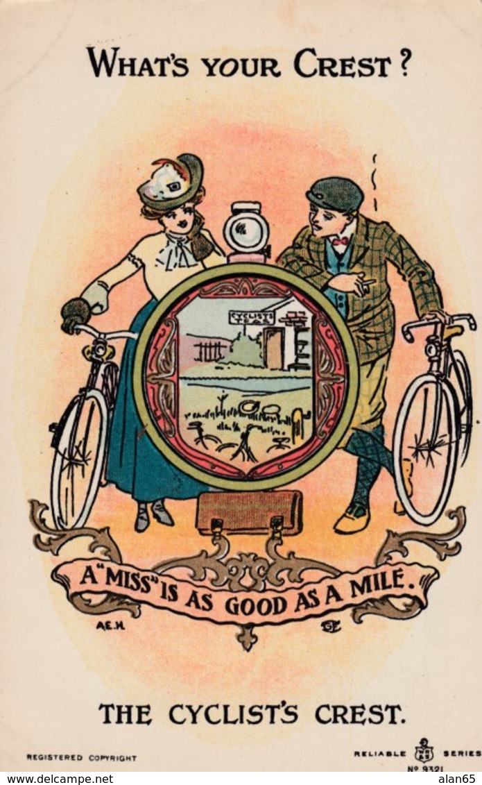 Cyclist's Crest 'Whats Your Crest' A Miss Is As Good As A Mile, Romance Theme C1900s Vintage Postcard - Cyclisme