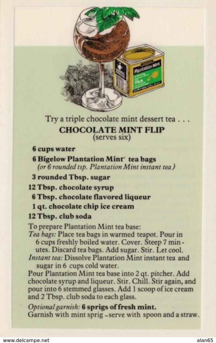 Bigelow Tea Drink Recipe 'Chocolate Mint Flip' On C1970s(?) Vintage Marge Rosencrans Made Postcard - Recipes (cooking)