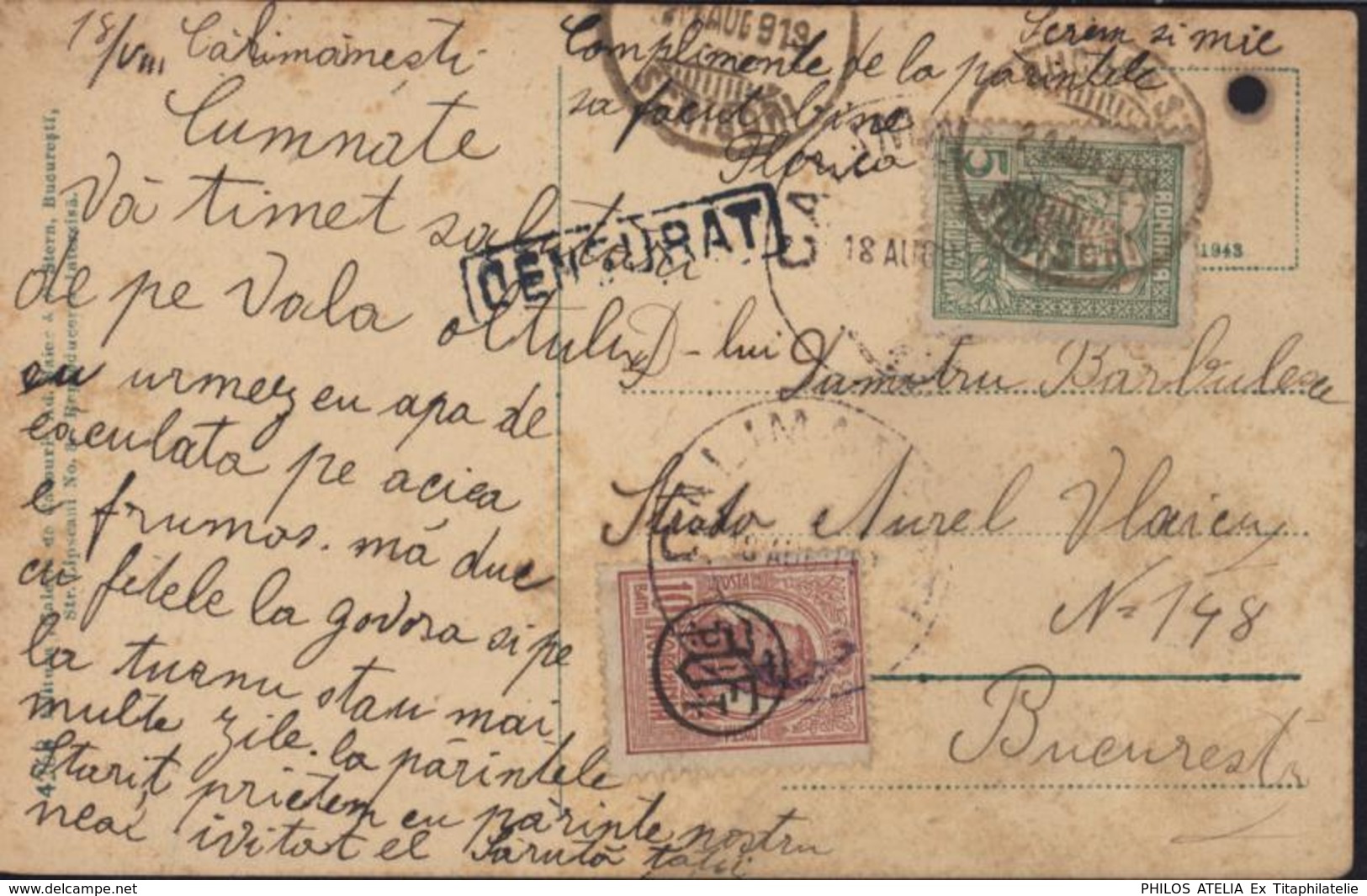 Roumanie YT 237 259 CAD Calimanesti 18 VIII 919 Censurat La Baille Calimanesti Vedere De Pe Valea Oltului Arrivée 24 Aug - Lettres 1ère Guerre Mondiale