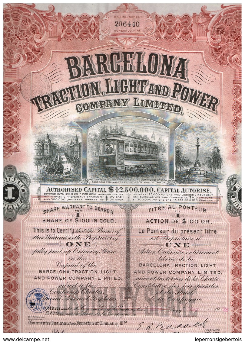 Action Ancienne - Barcelona Traction Light And Power Cy Ltd  - Titre De 1923 N°206440 - Ferrocarril & Tranvías