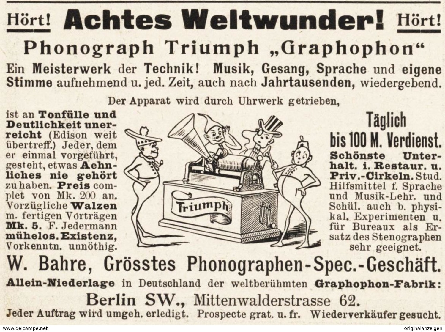 Original-Werbung/ Anzeige 1897 - PHONOGRAPH / GRAPHOPHON / BAHRE - BERLIN - Ca. 90 X 65 Mm - Reclame