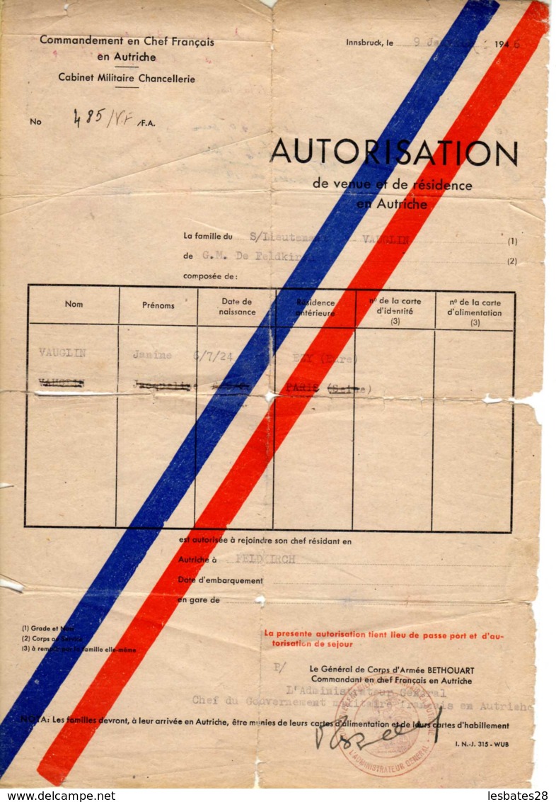 AUTRICHE Innsbruck 1946  (Passe Port) AUTORISATION De Venue, De Résidence, Autographe  Générale Corps D'Armée BETHOUART - Dokumente