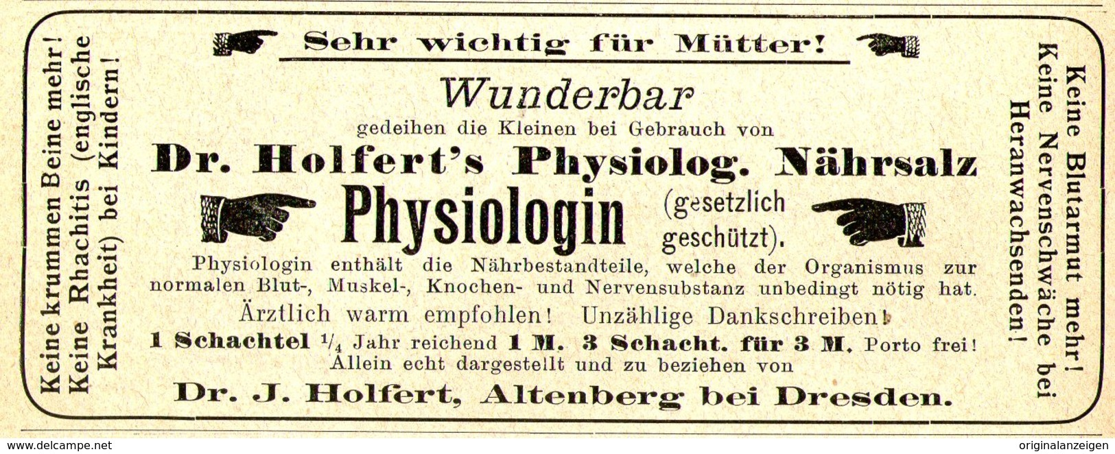 Original-Werbung/ Anzeige 1903 - PHYSIOLOGIN / DR. HOLFERT'S NÄHRSALZ - ALTENBERG BEI DRESDEN - Ca. 115 X 45 Mm - Werbung