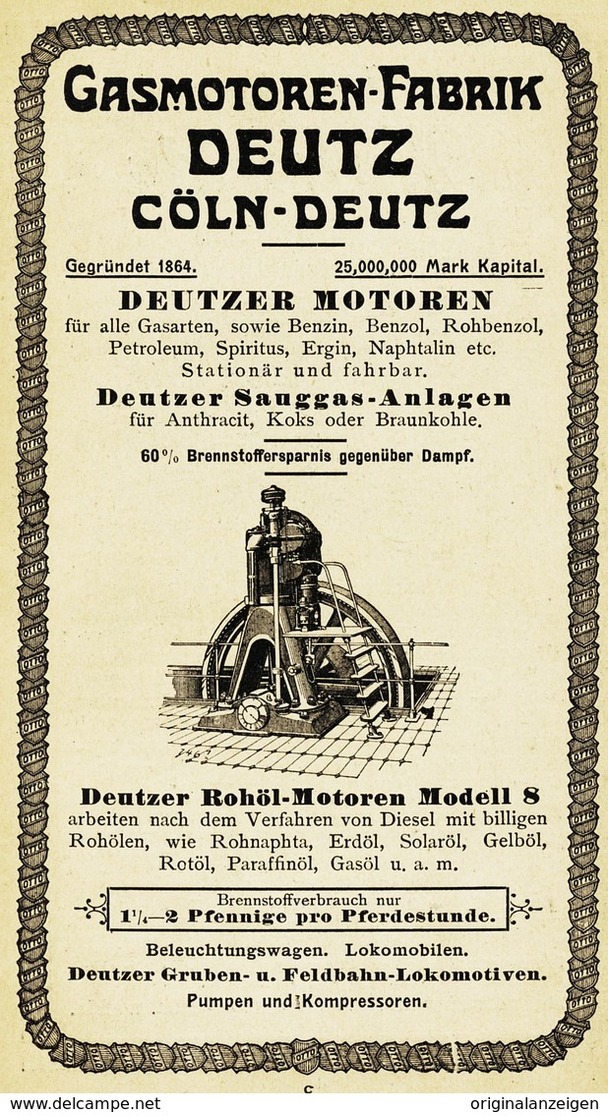 Original-Werbung/ Anzeige 1907 - GASMOTOREN-FABRIK DEUTZ - CÖLN-DEUTZ - Ca. 80 X 140 Mm - Advertising