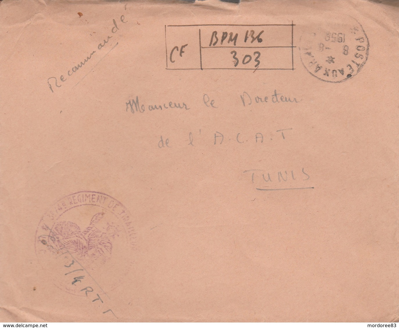 LETTRE FM REC PROVISOIRE BPM 136 - 3e/4B BATAILLON DE R.T.T- POUR DIRECTEUR L A.C.A.T - TUNIS - 8/8/50 - Guerre D'Indochine / Viêt-Nam