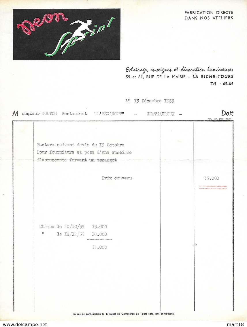 Facture Lettre 1955 - NEON SPRINT - La RICHE-TOUR (37) Eclairage Enseigne - Pas Carte Postale - - Sonstige & Ohne Zuordnung