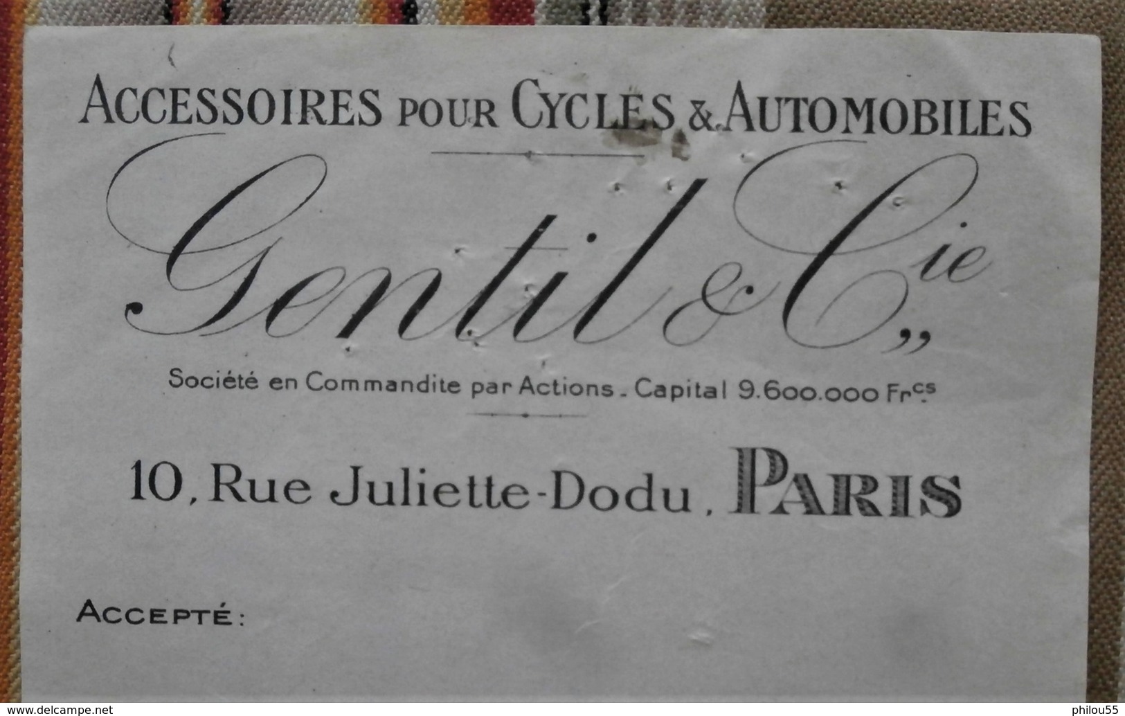 75 PARIS 10e Cycles Et Automobiles GENTIL & Cie Timbre Fiscal,tampons Pour 51 Somsois - Landbouw