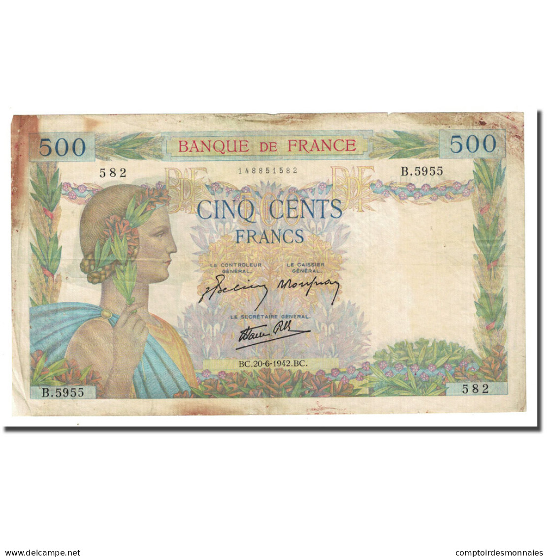 France, 500 Francs, La Paix, 1942-06-20, TB, Fayette:32.35, KM:95b - 500 F 1940-1944 ''La Paix''