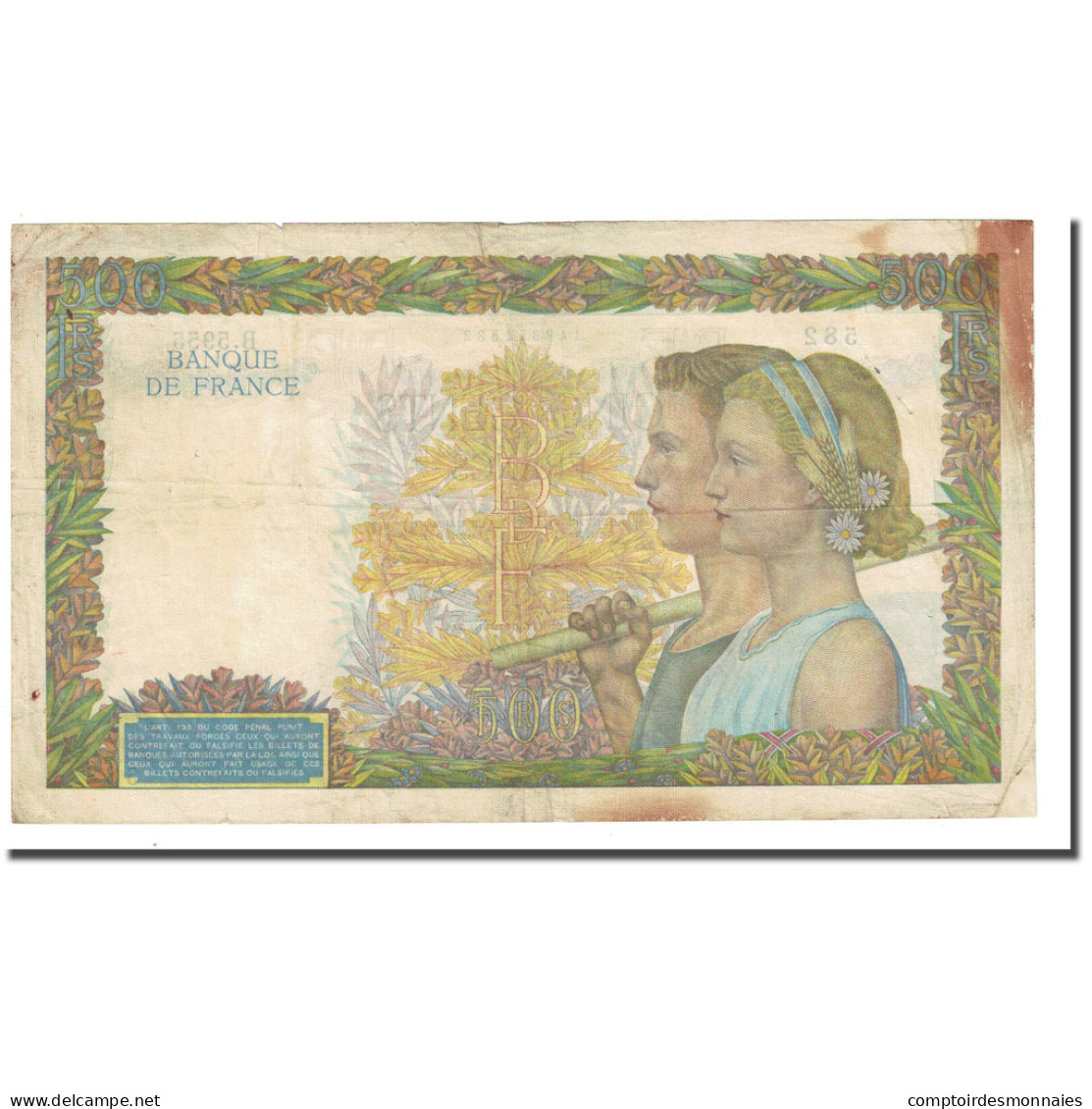 France, 500 Francs, La Paix, 1942-06-20, TB, Fayette:32.35, KM:95b - 500 F 1940-1944 ''La Paix''