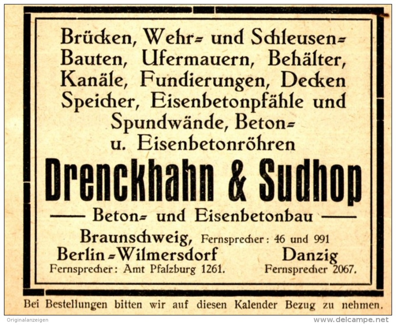 Original-Werbung/ Anzeige 1917 - BETONBAU DRENCKHAHN & SUDHOP / BRAUNSCHWEIG - BERLIN - DANZIG - Ca. 65 X 60 Mm - Publicités