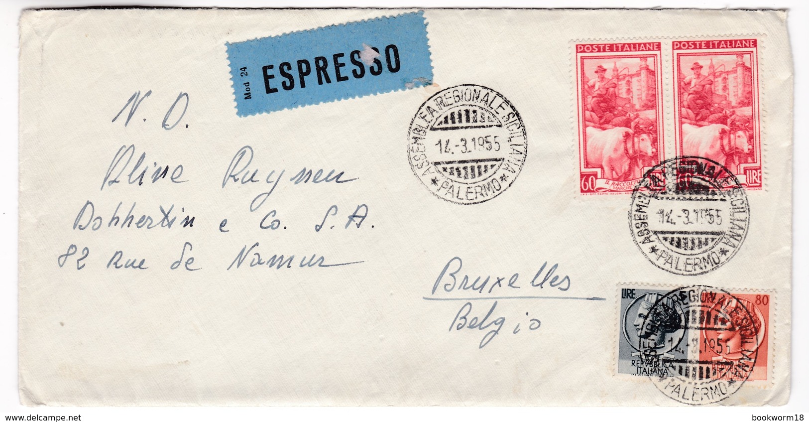 M497 Italy Espresso Lettera Express Letter 1955 ASSEMBLEA REGIONALE SICILIANA PALERMO To Bruxelles - 1946-60: Marcophilie