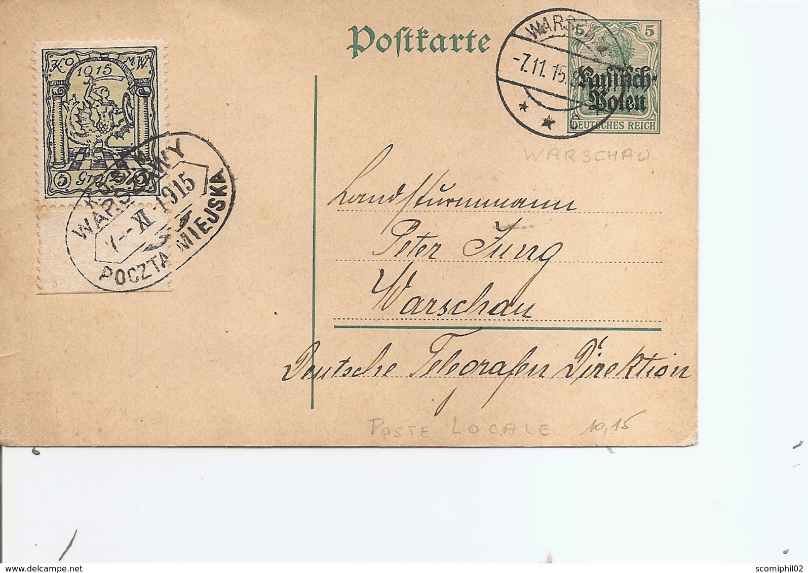 Pologne ( EP De 1915 De Varsovie Vers L'intérieur - Voir Timbre De Poste Locale) - Covers & Documents