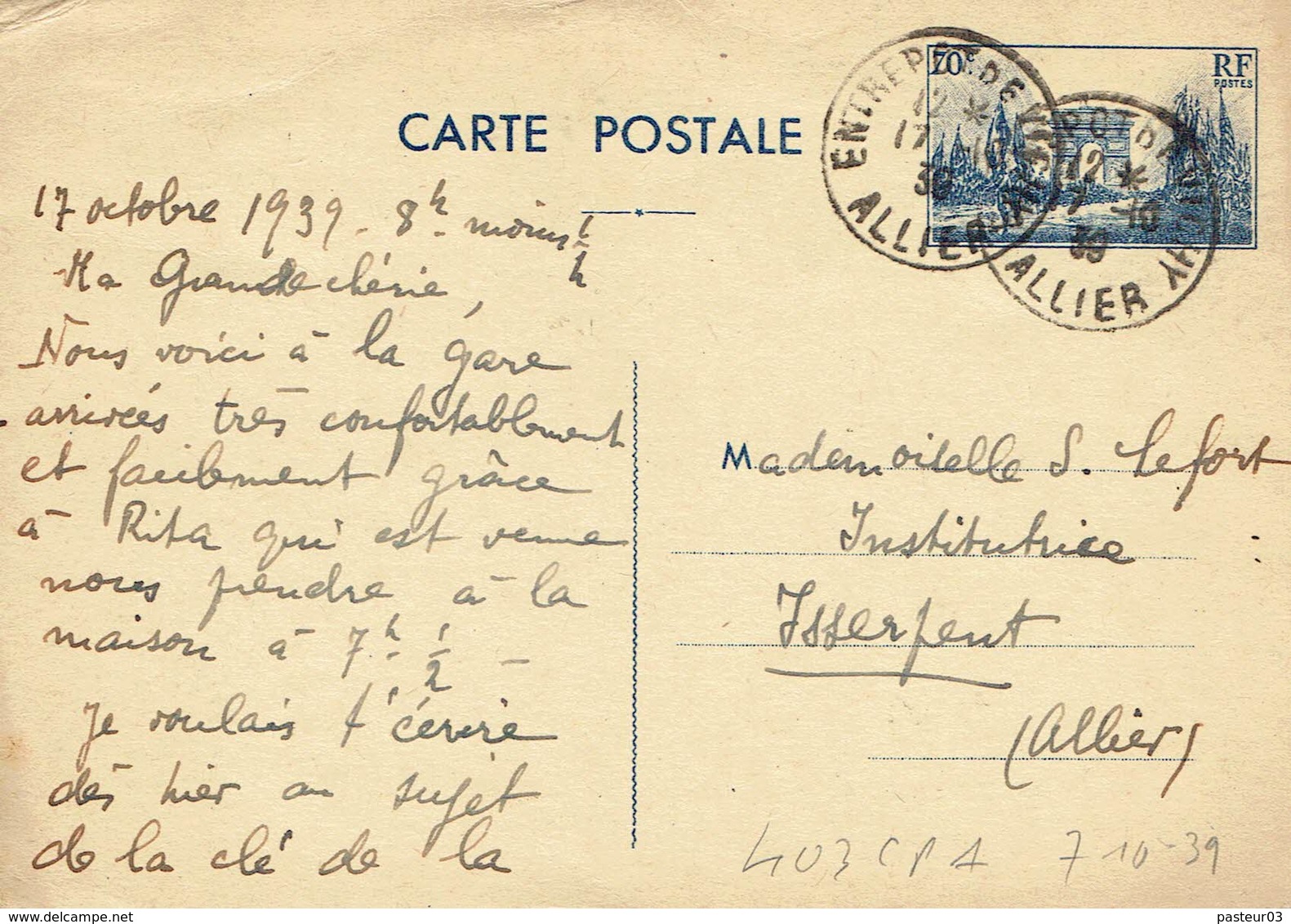 403 CP 1 Arc De Triomphe 70 C. Oblitéré Du 7-10-1939 Entrepot De Vichy - Cartes Postales Types Et TSC (avant 1995)