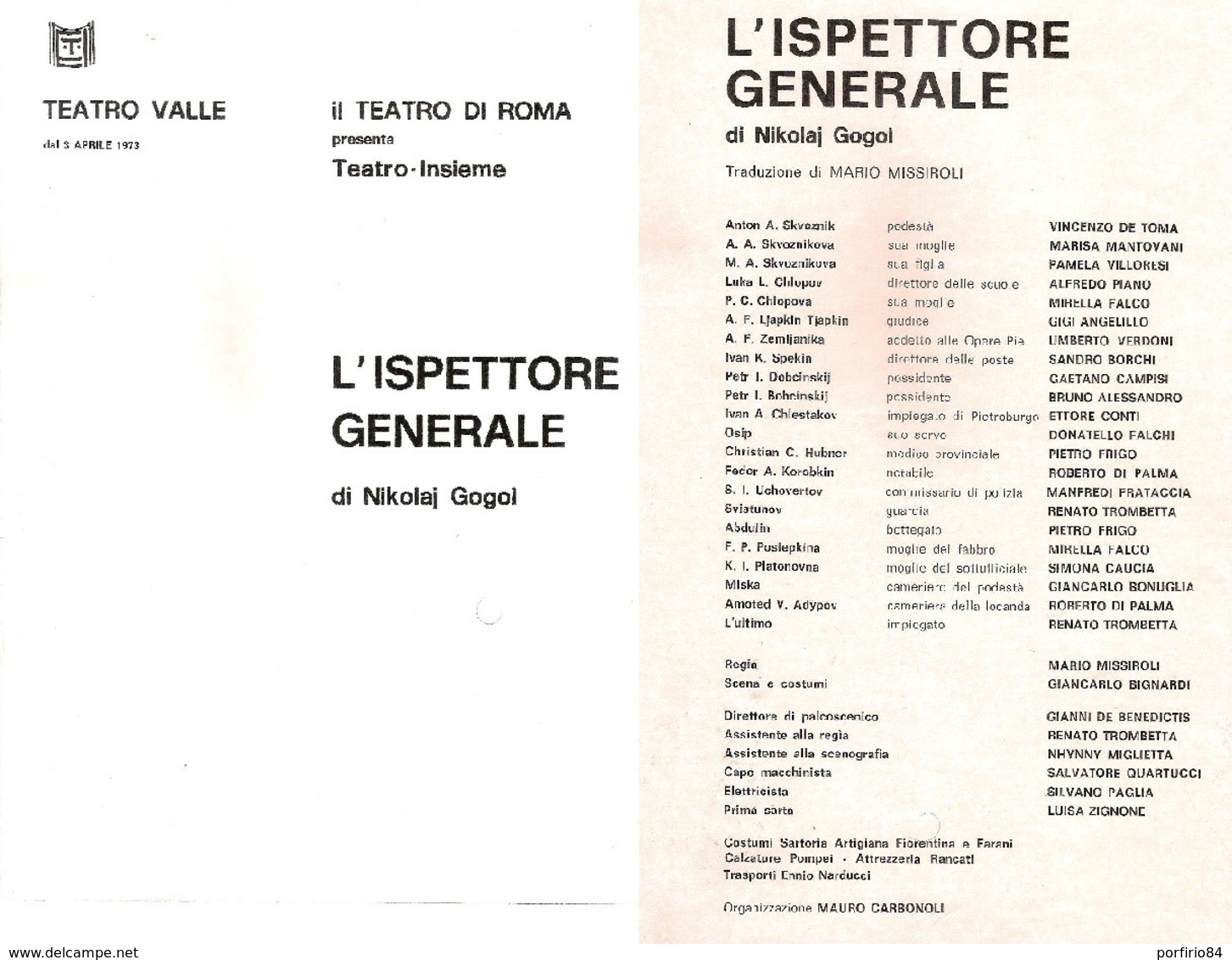 TEATRO VALLE ROMA RARO LIBRETTO TEATRALE L'ISPETTORE GENERALE - 1973 N. GOGOL - Teatro, Travestimenti & Mascheramenti