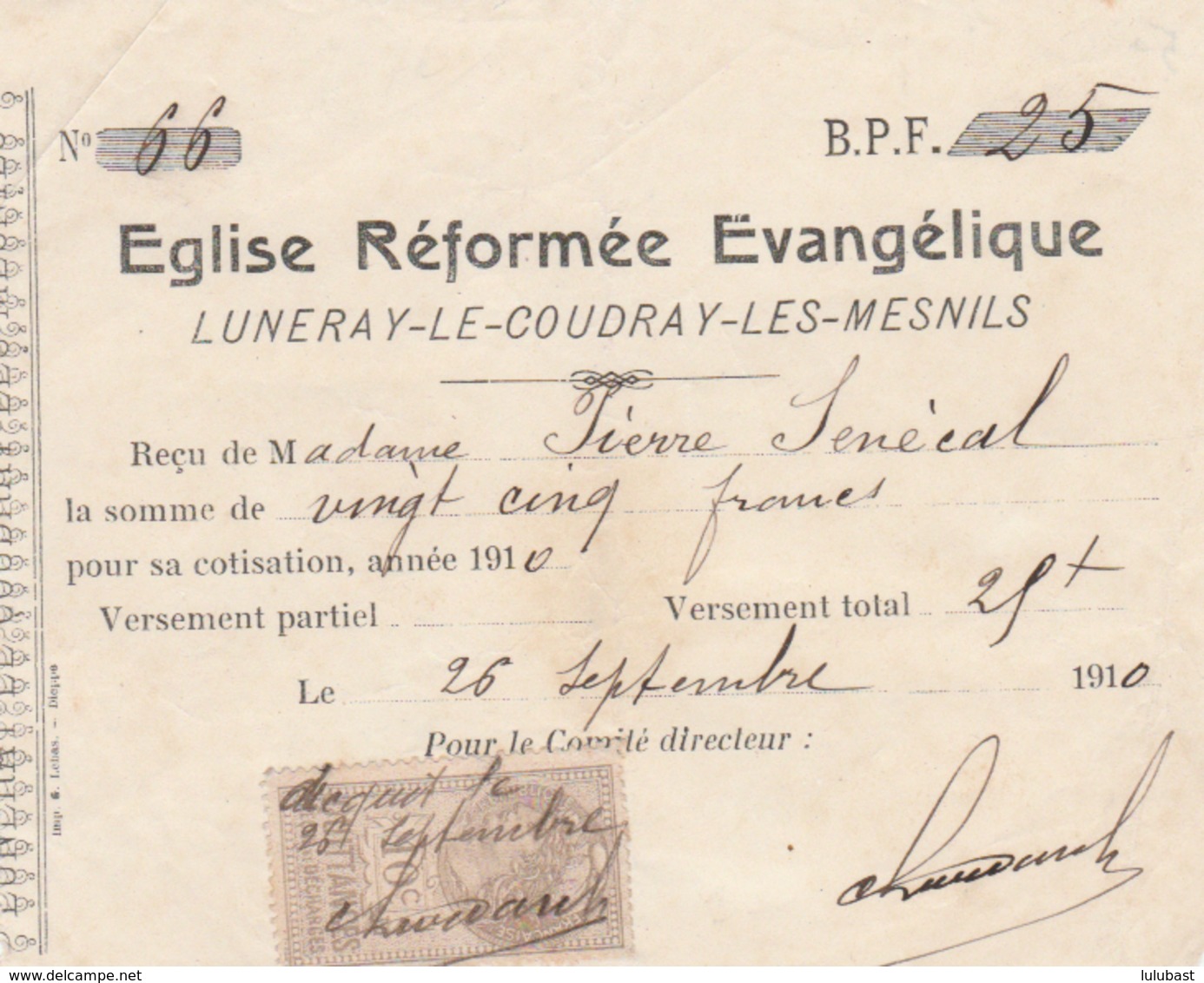 Luneray-le-Coudray-les-Mesnils ( 76 ) : Reçu Pour Cotisation à L'Eglise Réformée Evangélique Du Village. (peu Commun). - Unclassified