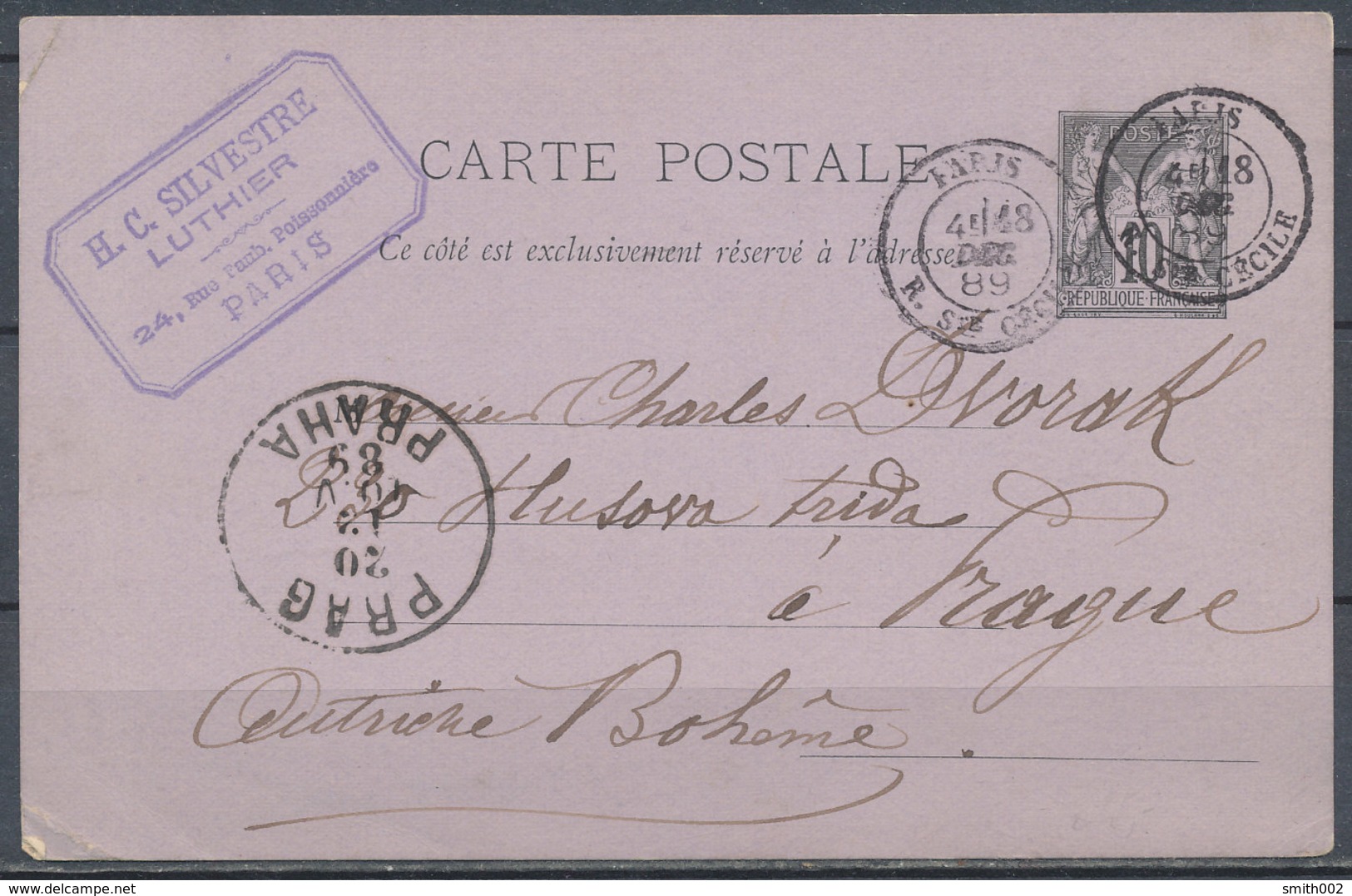 FRANCE - 1889 Carte Postale To Bohemie - Documentos Del Correo