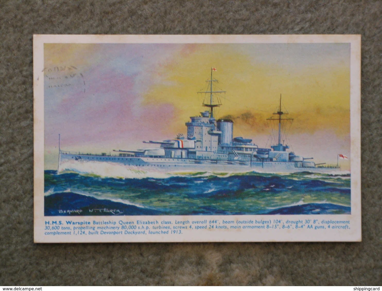 HMS WARSPITE - BERNARD CHURCH SALMON ART CARD - Warships