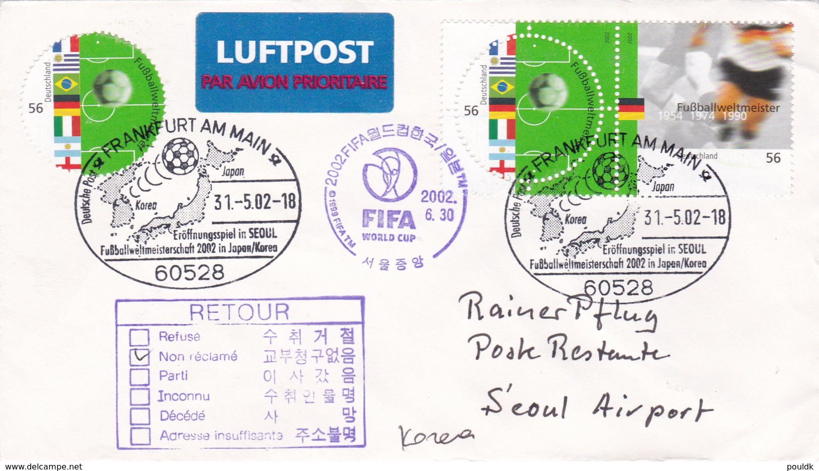 Germany Flight Cover Frankfurt Am Main 2002 Opening Game Seoul - Korea Arrival Cachet (DD7-1) - 2002 – Corée Du Sud / Japon