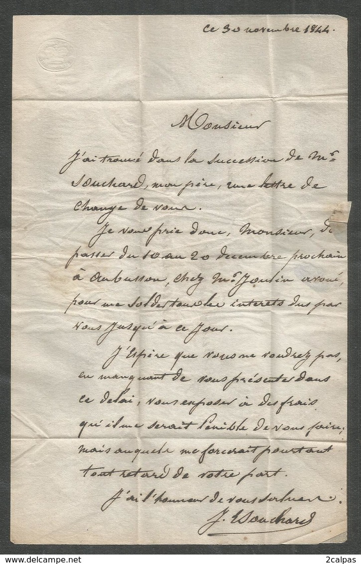 Creuse - 1844 - Chambon Pour Chenerailles - Année Uniquement Sur Cachet De Gueret Au Verso - Taxe Manuelle - 1801-1848: Précurseurs XIX