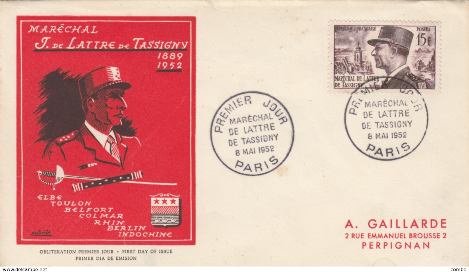 FDC 1952 DE LATTRE DE TASSIGNY - 1950-1959