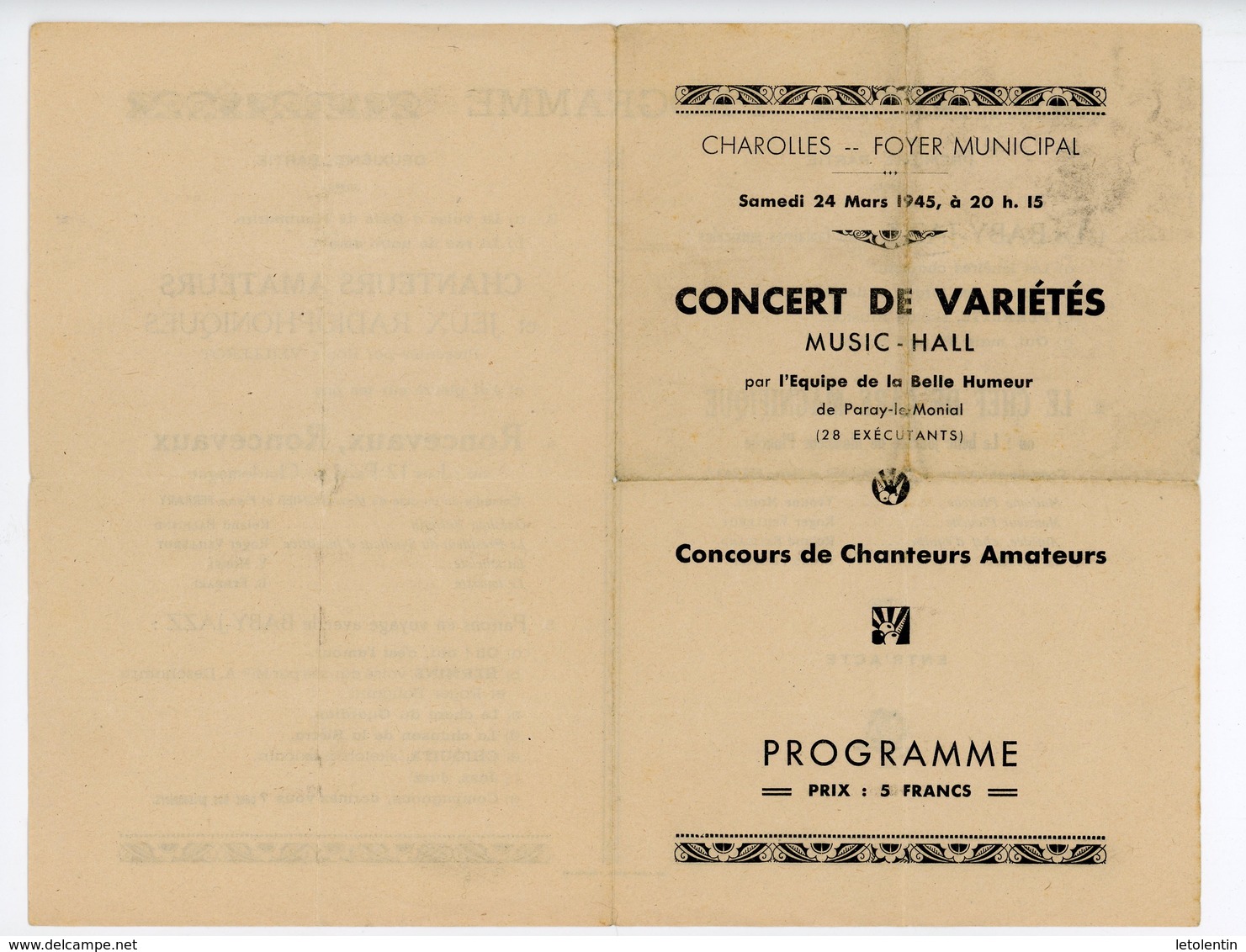 PROGRAMME CONCERT DE VARIÉTÉS MUSIC-HALL À CHAROLLES LE 24 MARS 1945 (12,5 X 21cm 2 VOLETS PLIÉS EN 4) - Programmes