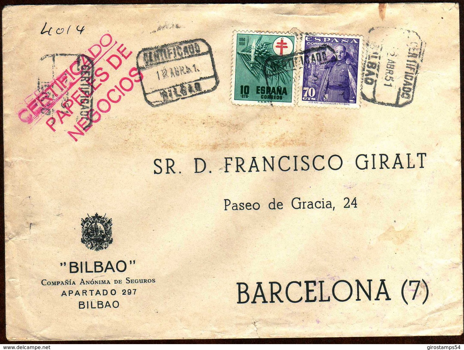 Girostamps54.- SOBRE COMERCIAL CIRCULADO POR CORREO CERTIFICADO DE BILBAO A BARCELONA EN 1951 - Cartas & Documentos